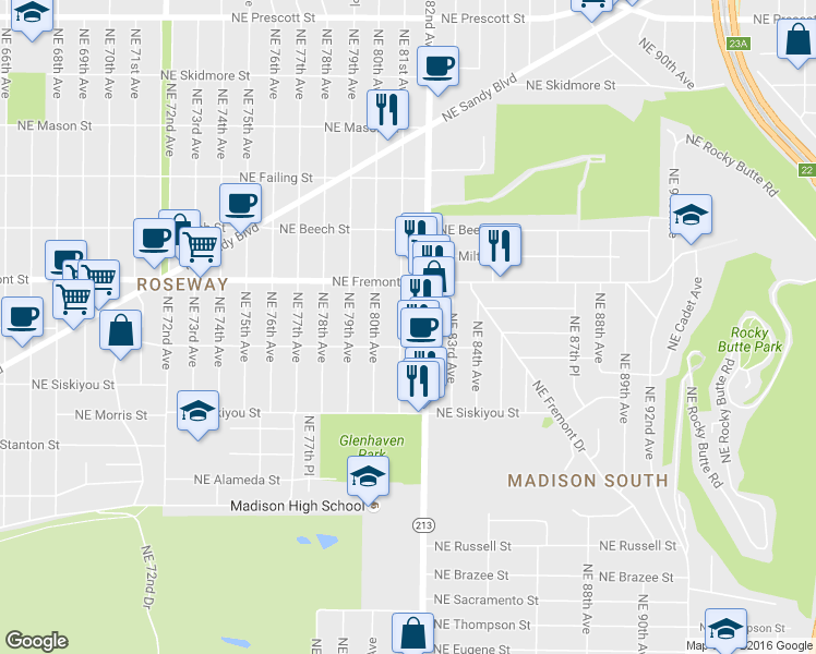map of restaurants, bars, coffee shops, grocery stores, and more near 3417 Northeast 81st Avenue in Portland