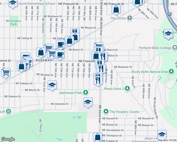 map of restaurants, bars, coffee shops, grocery stores, and more near 3414 Northeast 79th Avenue in Portland