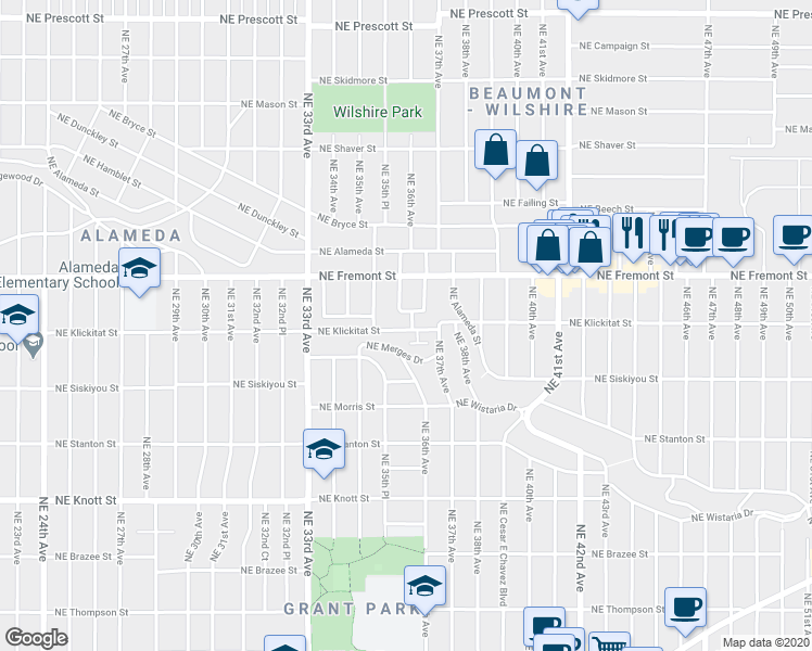 map of restaurants, bars, coffee shops, grocery stores, and more near 3601 Northeast Maltby Street in Portland