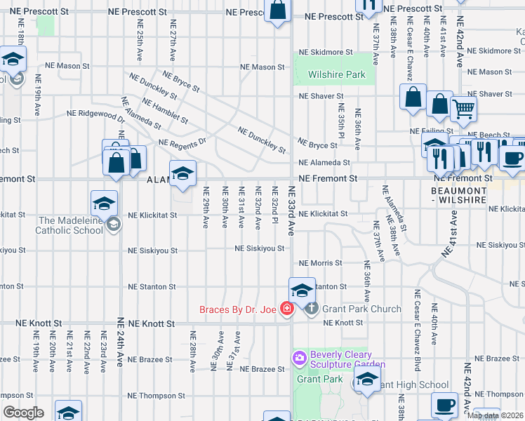 map of restaurants, bars, coffee shops, grocery stores, and more near 3404 Northeast 32nd Avenue in Portland