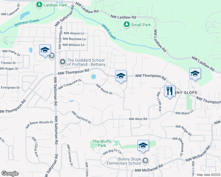 map of restaurants, bars, coffee shops, grocery stores, and more near 3840 Northwest Loy Court in Portland