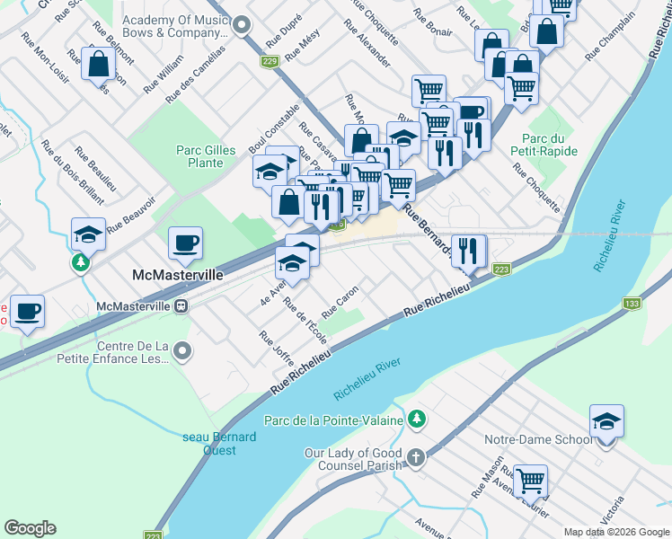 map of restaurants, bars, coffee shops, grocery stores, and more near 171 Rue Parent in McMasterville