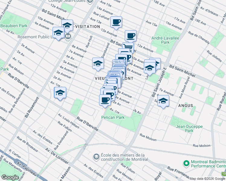 map of restaurants, bars, coffee shops, grocery stores, and more near 2737 Rue Masson in Montréal