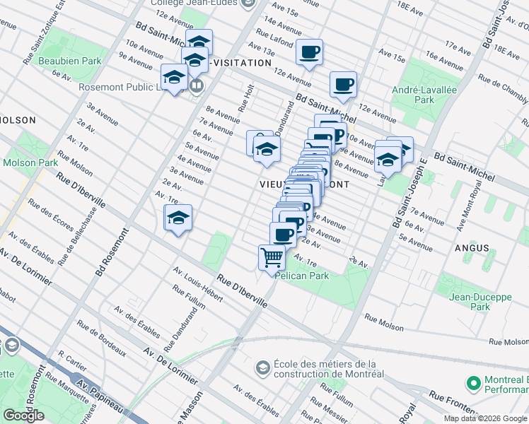 map of restaurants, bars, coffee shops, grocery stores, and more near 5556 3e Avenue in Montréal