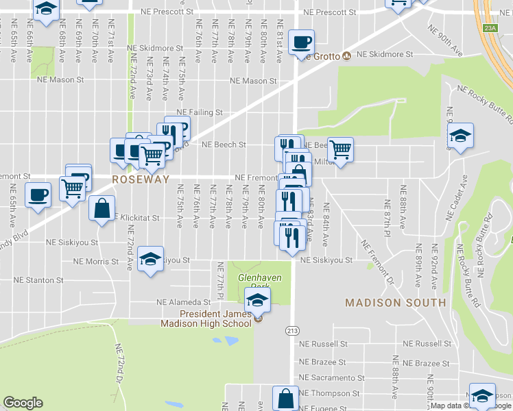 map of restaurants, bars, coffee shops, grocery stores, and more near 3333 Northeast 80th Avenue in Portland