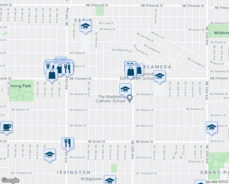 map of restaurants, bars, coffee shops, grocery stores, and more near 3344 Northeast 22nd Avenue in Portland