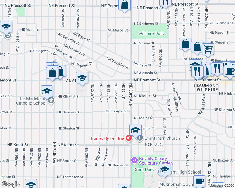 map of restaurants, bars, coffee shops, grocery stores, and more near 3404 Northeast 32nd Avenue in Portland