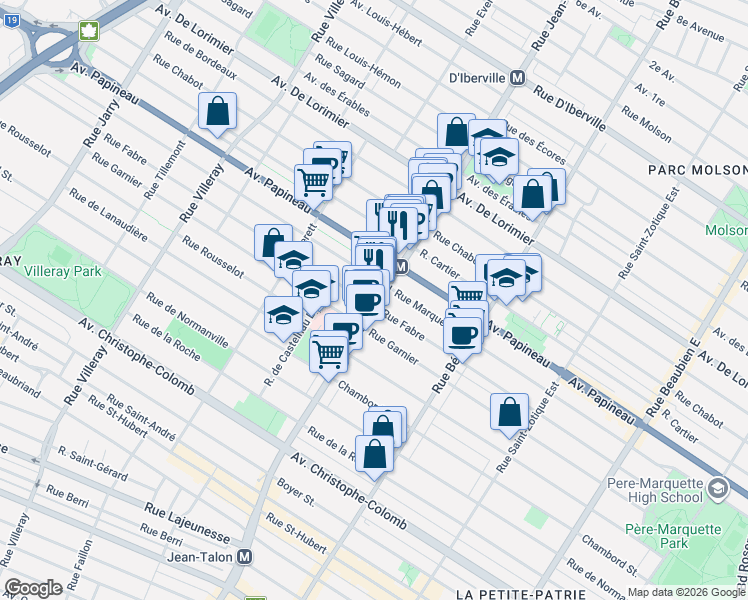 map of restaurants, bars, coffee shops, grocery stores, and more near 1557 Rue Jean-Talon Est in Montréal
