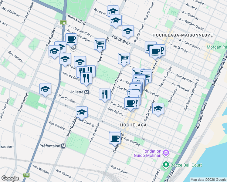 map of restaurants, bars, coffee shops, grocery stores, and more near 3670 Rue de Rouen in Montréal