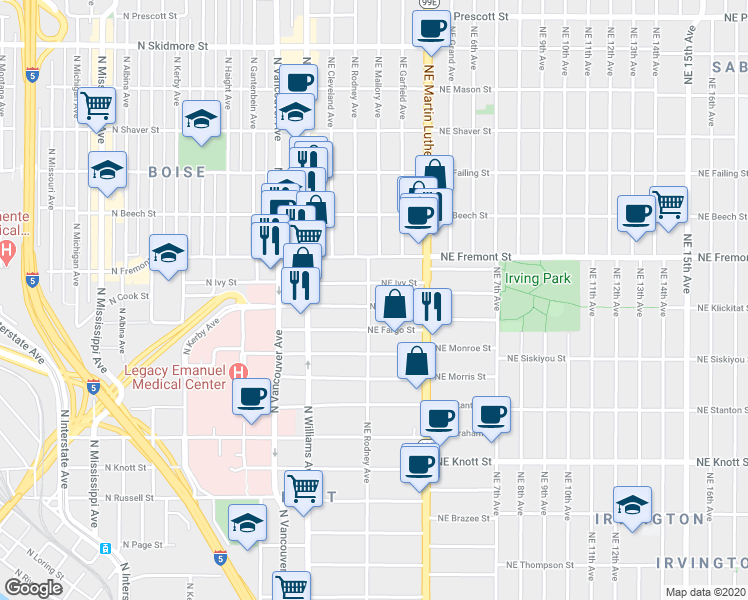 map of restaurants, bars, coffee shops, grocery stores, and more near 107 Northeast Cook Street in Portland