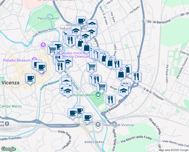 map of restaurants, bars, coffee shops, grocery stores, and more near 32 Via Fratelli Coronaro in Vicenza