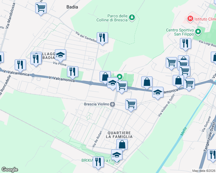 map of restaurants, bars, coffee shops, grocery stores, and more near 19f1 Via Valcamonica in Brescia