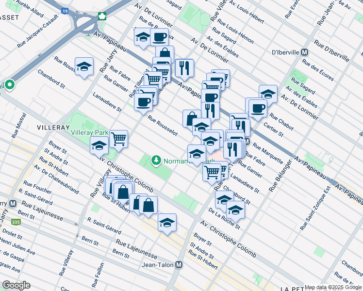 map of restaurants, bars, coffee shops, grocery stores, and more near 7425 Rue de Lanaudière in Montréal
