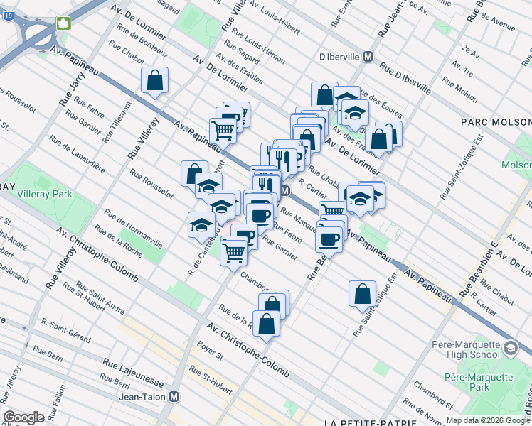 map of restaurants, bars, coffee shops, grocery stores, and more near 1559 Rue Jean-Talon Est in Montréal