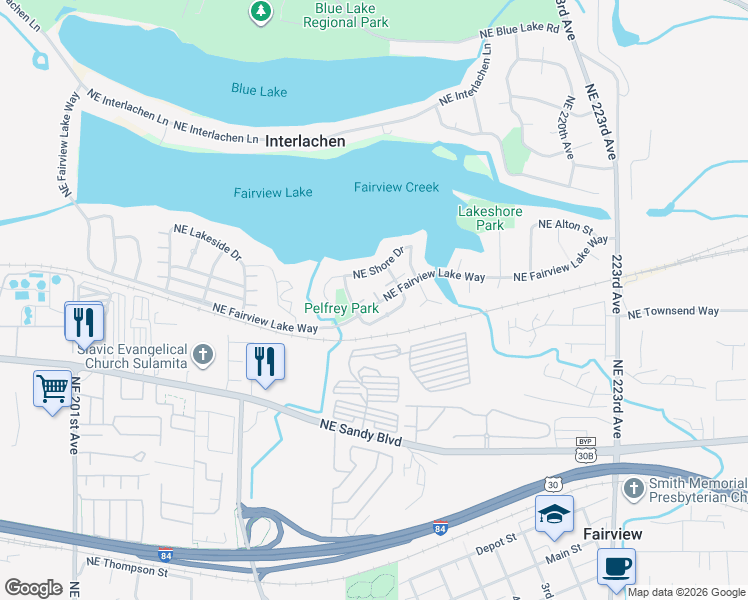 map of restaurants, bars, coffee shops, grocery stores, and more near 21275 Patricia Lane in Fairview
