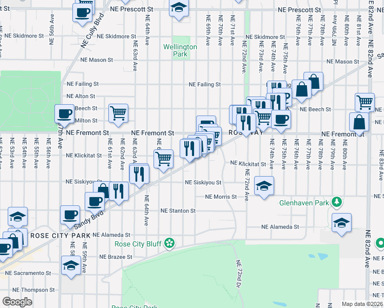 map of restaurants, bars, coffee shops, grocery stores, and more near 3407 Northeast 68th Avenue in Portland