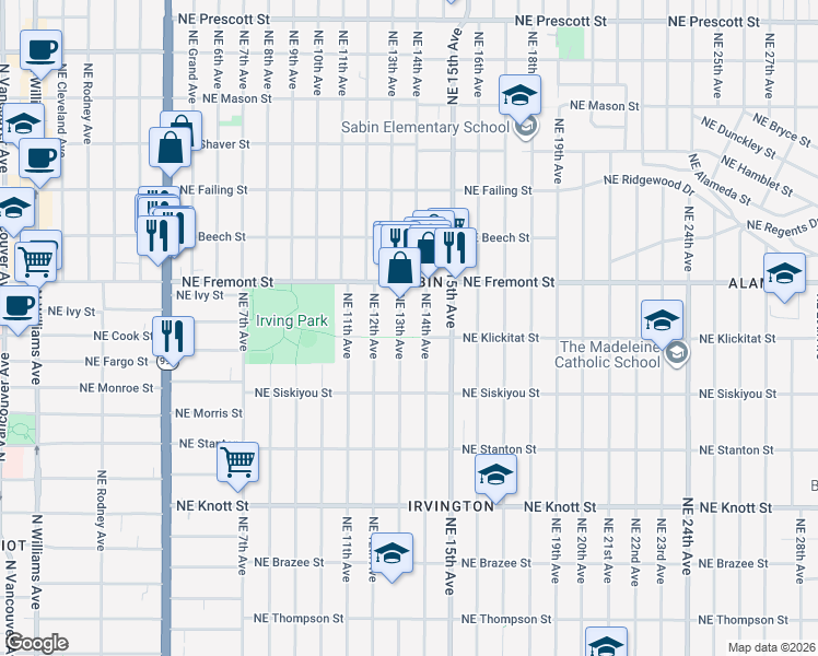 map of restaurants, bars, coffee shops, grocery stores, and more near 3402 Northeast 13th Avenue in Portland
