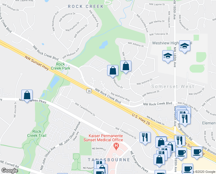 map of restaurants, bars, coffee shops, grocery stores, and more near 19430 Northwest Melrose Drive in Portland