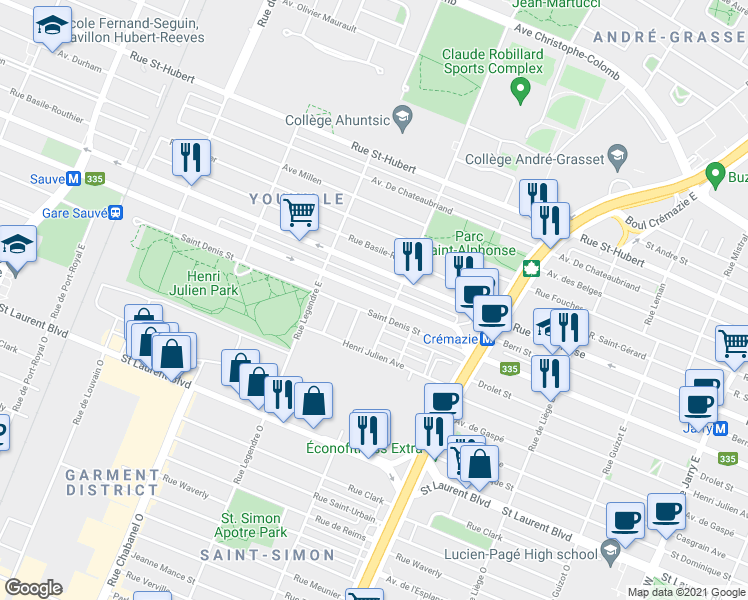 map of restaurants, bars, coffee shops, grocery stores, and more near 8936 Rue Berri in Montréal