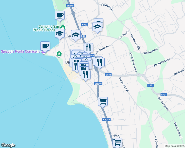 map of restaurants, bars, coffee shops, grocery stores, and more near 14 Via Marconi in Bardolino
