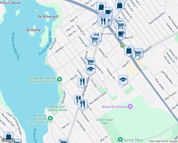 map of restaurants, bars, coffee shops, grocery stores, and more near 2855 Boulevard Sainte-Rose in Laval