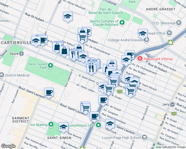 map of restaurants, bars, coffee shops, grocery stores, and more near 8891 Rue Berri in Montréal