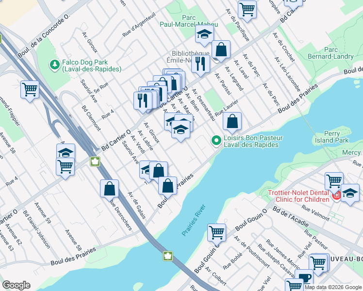 map of restaurants, bars, coffee shops, grocery stores, and more near 40 Avenue Dussault in Laval