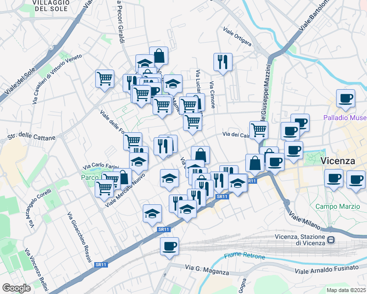 map of restaurants, bars, coffee shops, grocery stores, and more near 102 Via Legione Antonini in Vicenza