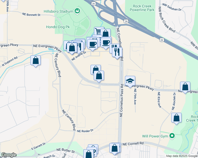 map of restaurants, bars, coffee shops, grocery stores, and more near 7345 Northeast Evergreen Parkway in Hillsboro