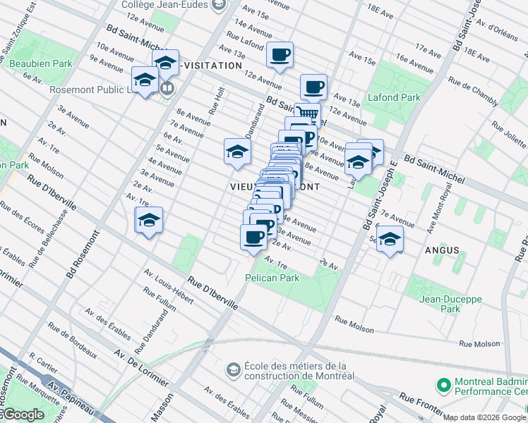 map of restaurants, bars, coffee shops, grocery stores, and more near 5450 4e Avenue in Montréal