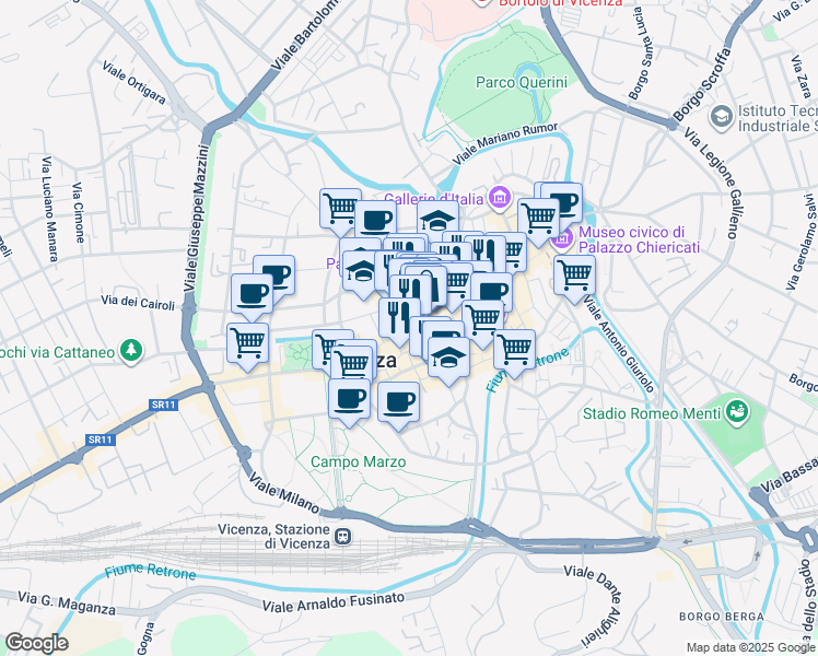 map of restaurants, bars, coffee shops, grocery stores, and more near 17 Galleria del Pozzo Rosso in Vicenza