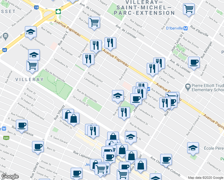 map of restaurants, bars, coffee shops, grocery stores, and more near 1371 Rue Everett in Montréal