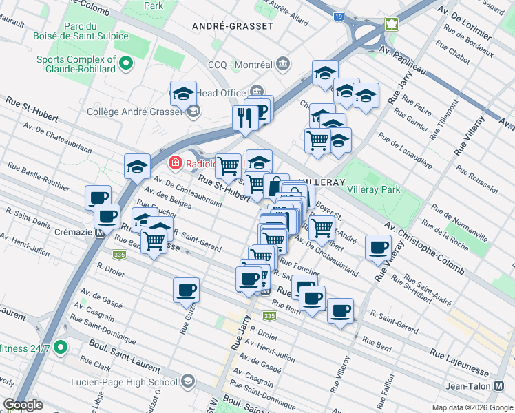 map of restaurants, bars, coffee shops, grocery stores, and more near 8254 Rue Saint-Hubert in Montréal