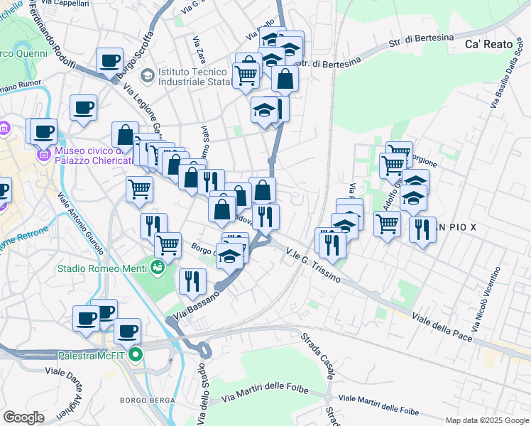 map of restaurants, bars, coffee shops, grocery stores, and more near 127 Via Giovanni Battista Quadri in Vicenza