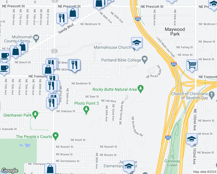 map of restaurants, bars, coffee shops, grocery stores, and more near 3404 Northeast 89th Avenue in Portland