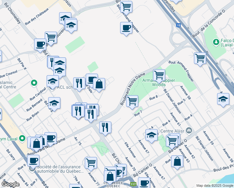 map of restaurants, bars, coffee shops, grocery stores, and more near 3055 Boulevard Notre Dame in Laval