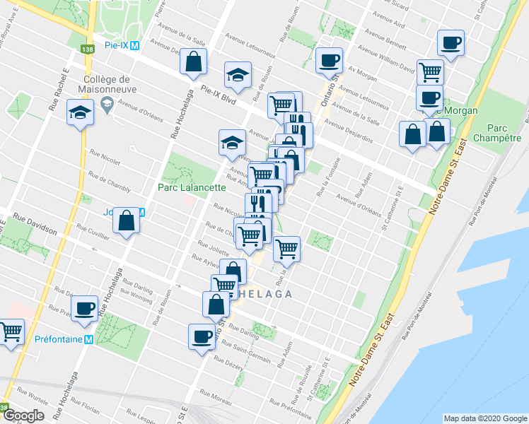 map of restaurants, bars, coffee shops, grocery stores, and more near 3785 Ontario Street East in Montreal