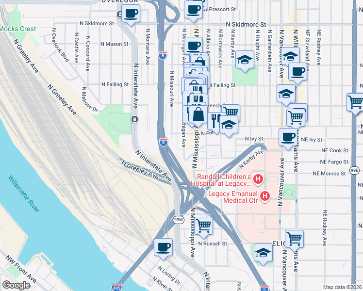 map of restaurants, bars, coffee shops, grocery stores, and more near 3325 North Michigan Avenue in Portland