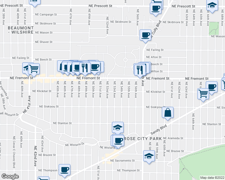 map of restaurants, bars, coffee shops, grocery stores, and more near 3334 Northeast 53rd Avenue in Portland