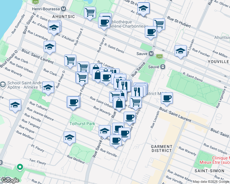 map of restaurants, bars, coffee shops, grocery stores, and more near 9950 Boulevard Saint-Laurent in Montréal