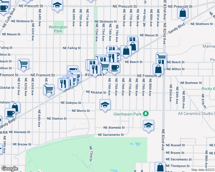 map of restaurants, bars, coffee shops, grocery stores, and more near 3414 Northeast 73rd Avenue in Portland