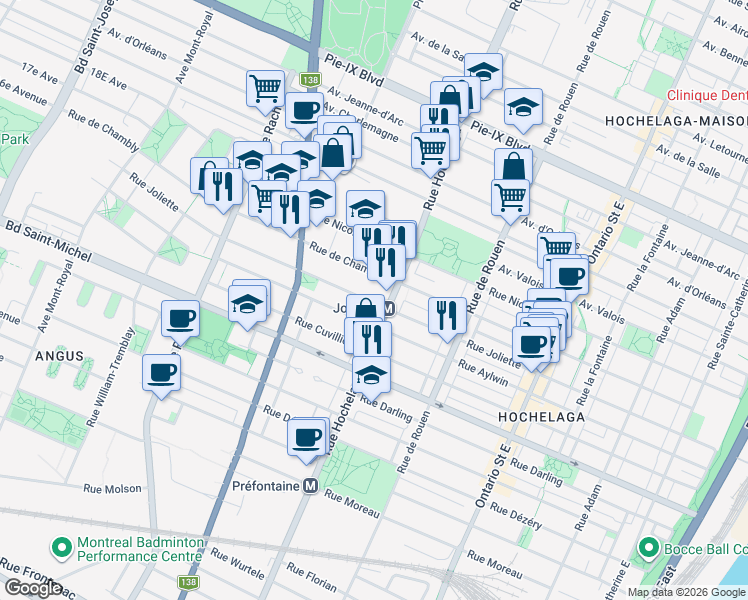 map of restaurants, bars, coffee shops, grocery stores, and more near 2515 Rue Joliette in Montreal