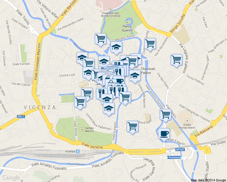 map of restaurants, bars, coffee shops, grocery stores, and more near 12 Contrà Camillo Benso Cavour in Vicenza