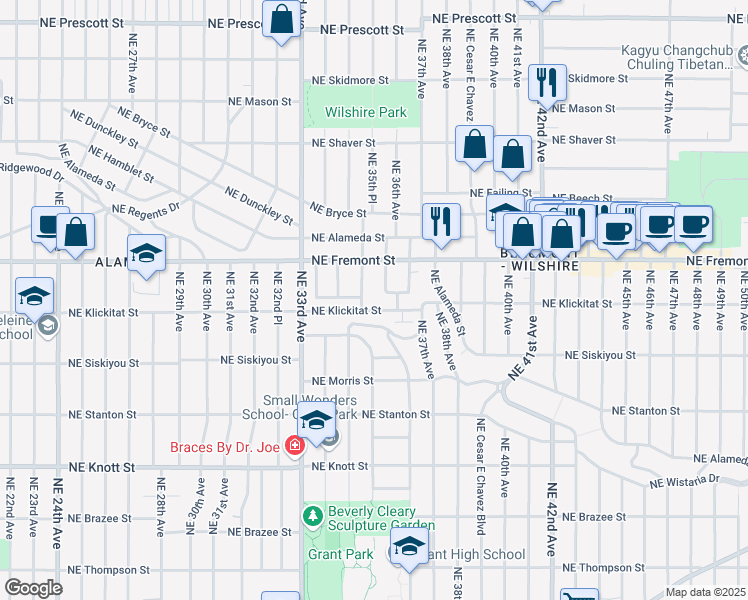 map of restaurants, bars, coffee shops, grocery stores, and more near 3533 Northeast Klickitat Street in Portland