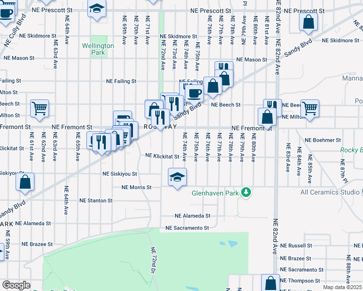 map of restaurants, bars, coffee shops, grocery stores, and more near 3414 Northeast 73rd Avenue in Portland