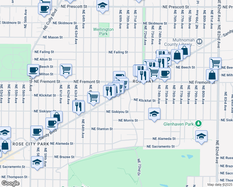 map of restaurants, bars, coffee shops, grocery stores, and more near 3407 Northeast 68th Avenue in Portland