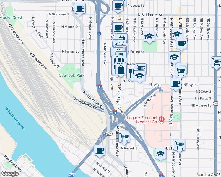 map of restaurants, bars, coffee shops, grocery stores, and more near 3412 North Missouri Avenue in Portland
