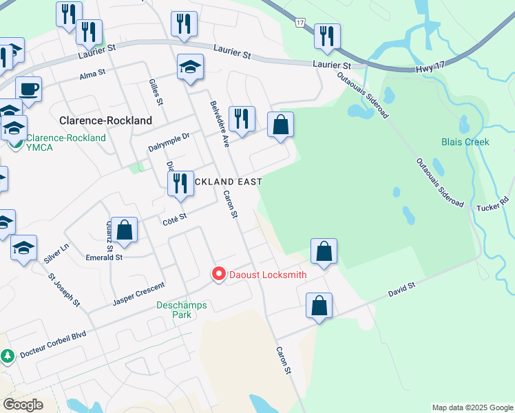 map of restaurants, bars, coffee shops, grocery stores, and more near 1265b Caron Street in Clarence-Rockland