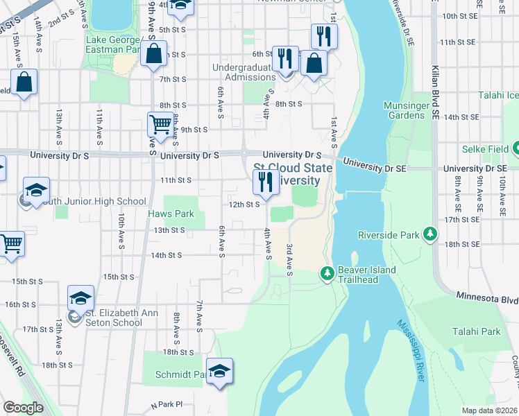 map of restaurants, bars, coffee shops, grocery stores, and more near 1123 4th Avenue South in St. Cloud