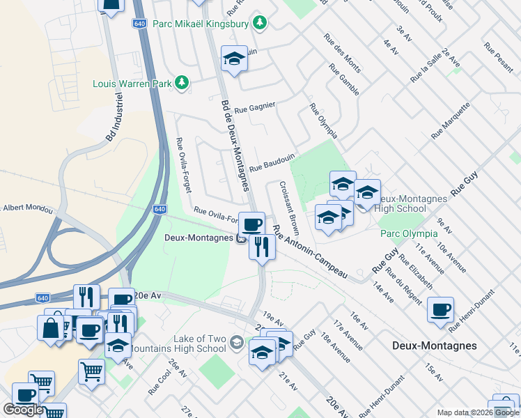 map of restaurants, bars, coffee shops, grocery stores, and more near 511 Boulevard de Deux-Montagnes in Deux-Montagnes